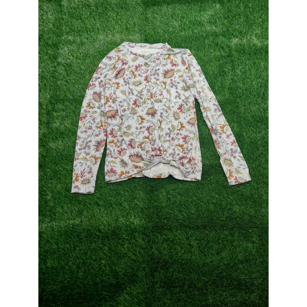Loft Outlet Floral Long Sleeve Top XS Blue Twist Front Knot Knit Womens